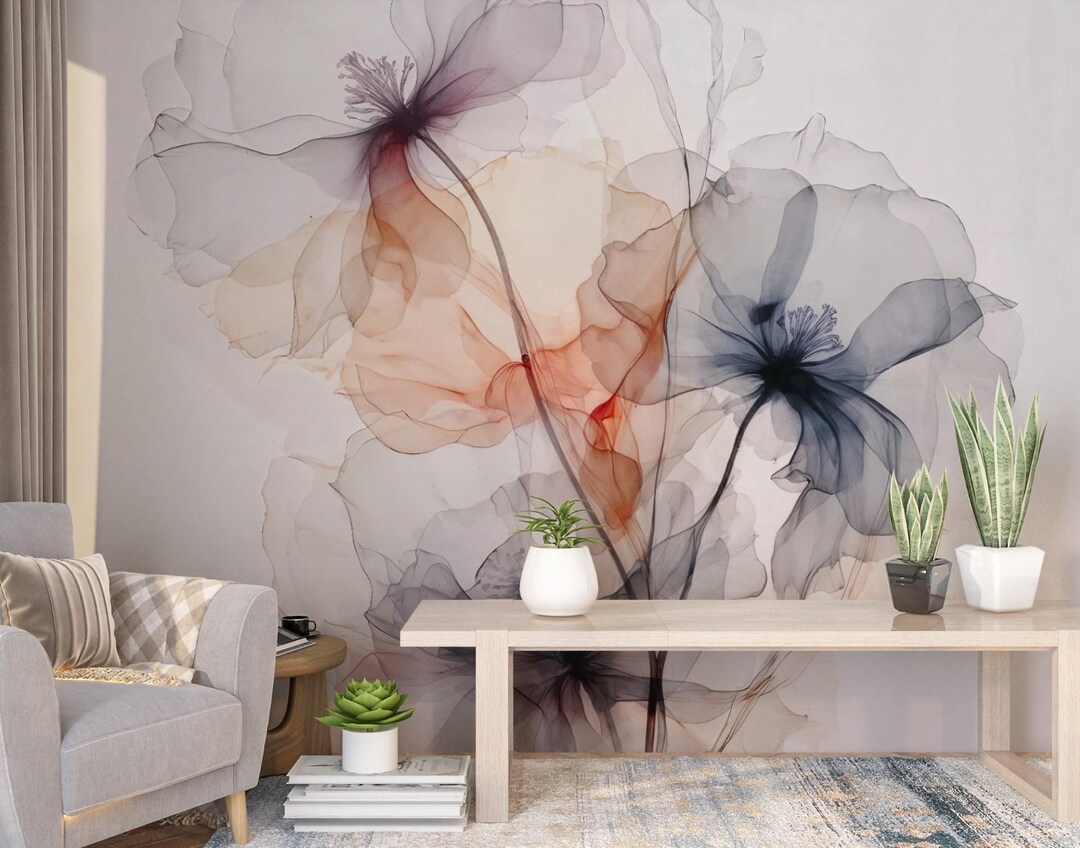 Watercolor Floral Wall Mural for Living Room Elegant Transparent Flower ...