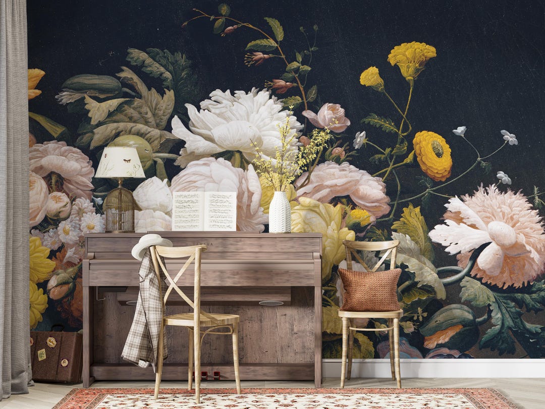 Dark Floral Wall Mural – Vintage Botanical Painting With Large Peonies ...