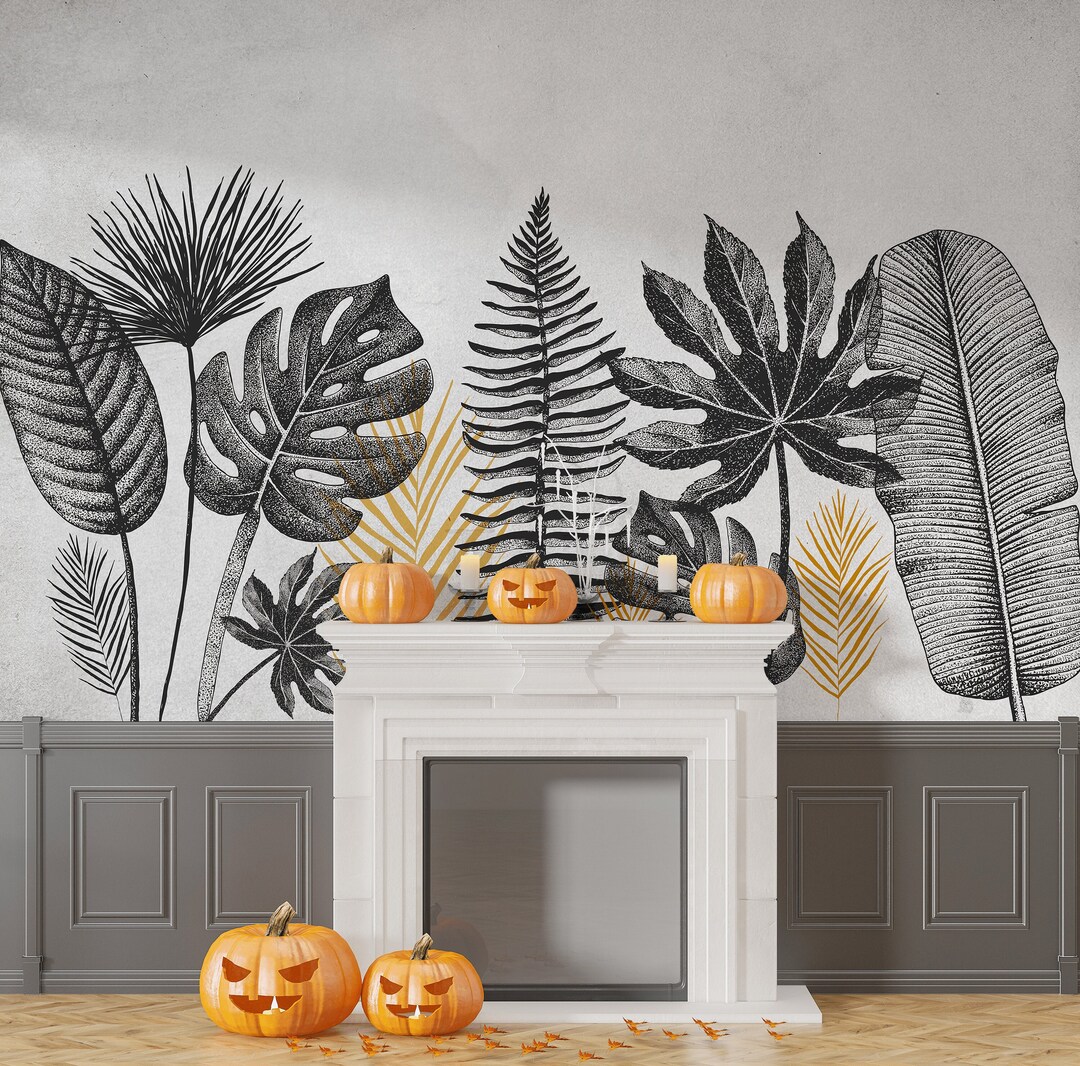 Floral Wallposter- Peel and Stick- Black and White Leaves Wallpaper ...