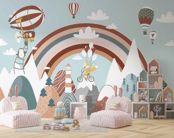 Wunderliches Regenbogen Wandbild mit Heißluftballons Fuchs und Pinguin für Kinderzimmer Kinderzimmer Spielzimmer Berglandschaft Tapete