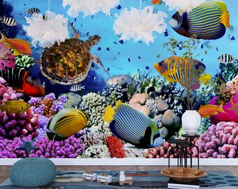Aquarium Look Wallpaper, Abnehmbares Sea Life Wandbild, Verschiedene Fisch Wallpaper, Unterwasser Peel and Stick Wandbild