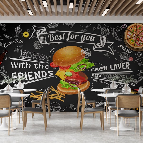 RESTAURANT HAMBURGER WALLPAPER- Adhesive Restaurant Poster- Living Room- Style and Design Wallposter- Custumizable Mural- Personalised Gifts