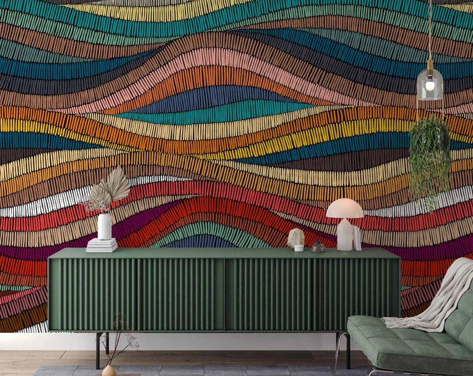 Featured listing image: Colorful Fabric Texture Look Wallpaper - Ethnic Abstract African Motif Pattern Mural - Waves Wall Mural