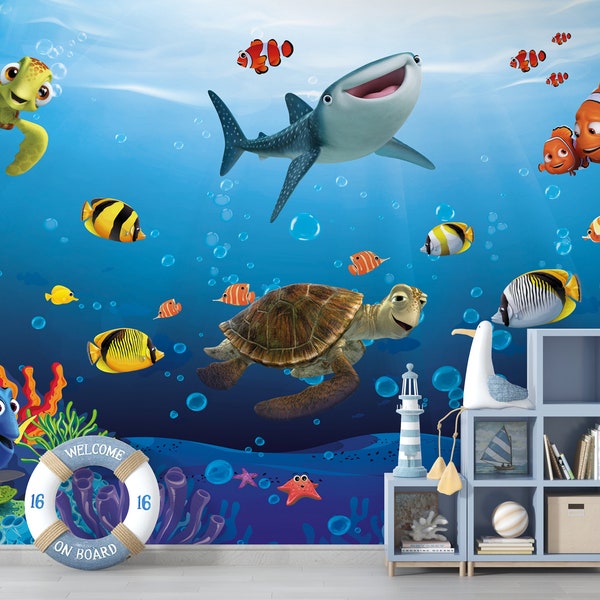 Unterwasser Kinder Tapete, Fisch Nemo Wandbild für Kinder, Aquarium Kinderzimmer Tapete