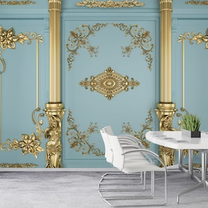 3D Look Column Wall Paneling, Embossed Look Wallposter, Removable Wallpaper, Peel and Stick, Customizable, Avant-garde Gold Column Mural