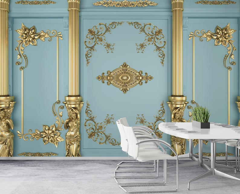 May include: A blue and gold wallpaper mural with ornate gold trim and columns. The wallpaper is in a room with a white table and chairs.