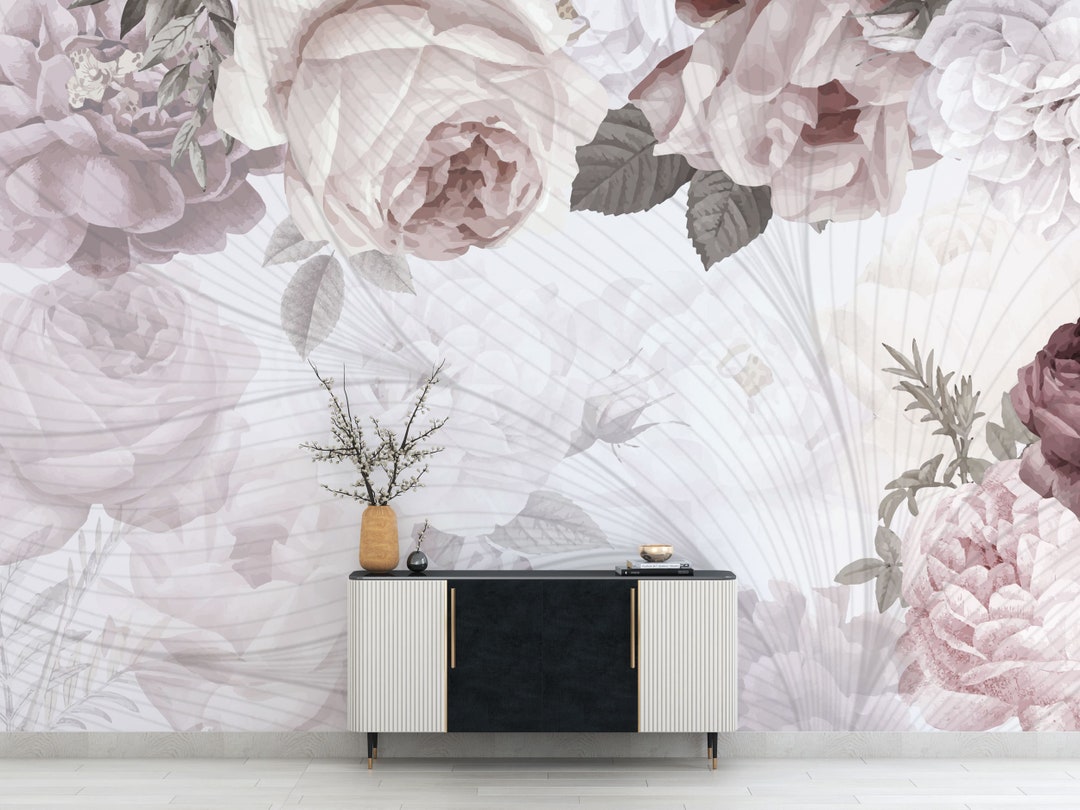 PINK FLORAL WALLPAPER- Adhesive Living Room Wallpaper- Enourmous Pink ...