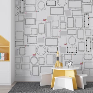 Kids room wallpaper with doodle picture frames | Removable self adhesive mural | Fun textured wall art | Soft nonwoven wallpaper design