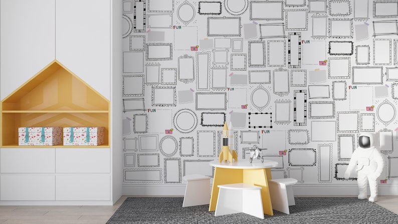 Kids room wallpaper with doodle picture frames | Removable self adhesive mural | Fun textured wall art | Soft nonwoven wallpaper design