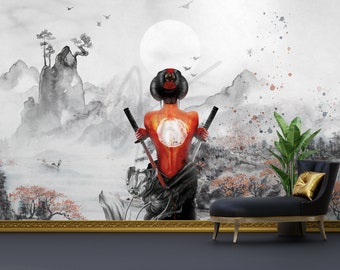 Asian Art Katana and Woman Wallpaper  , Abstract Art Peel and Stick Japanese Wall Mural , Mountains and Blossoms Mural