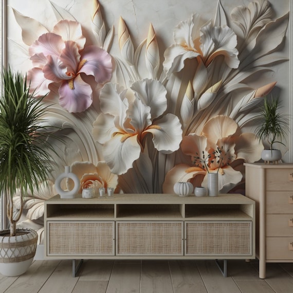 3D Look Floral Wallpaper , Embossed Look Flowers Removable Wall Mural , Soft Colored Boho Flowers 3D Wallpaper