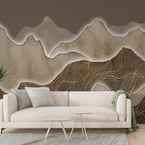 Abstract Style Mountain Drawing Wallpaper - PEEL AND STICK Boho Mural - Removable Mountains Wall Cover