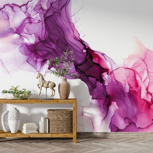 FOGGY COLOR TRANSITION, Adhesive Wallpaper, Removable Wallposter, Pink to Purple Marble, Living Room Decor, Marble Mural, Custom