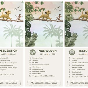 May include: A wall mural featuring a cartoon lion cub and meerkat walking on a branch amidst tropical foliage and palm trees. The image displays three material options: peel and stick, nonwoven, and textured, each with a width of 40 inches.