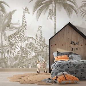 Kids Safari Jungle dieren behang, Peel en Stick Giraffe kwekerij muurschildering, Kids Jungle thema behang, verwisselbare babykamer behang afbeelding 4