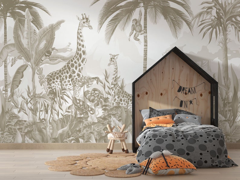 Kids Safari Jungle dieren behang, Peel en Stick Giraffe kwekerij muurschildering, Kids Jungle thema behang, verwisselbare babykamer behang afbeelding 4