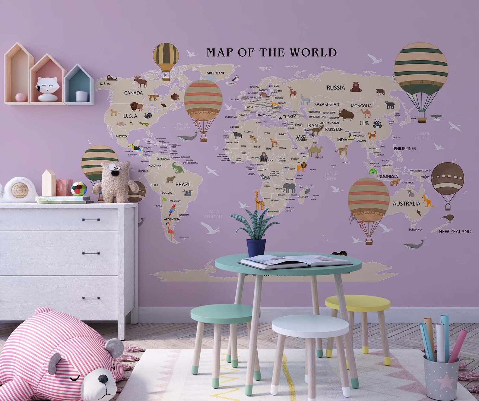World Map for Nursery Room Wallpaper Educational Map Etsy