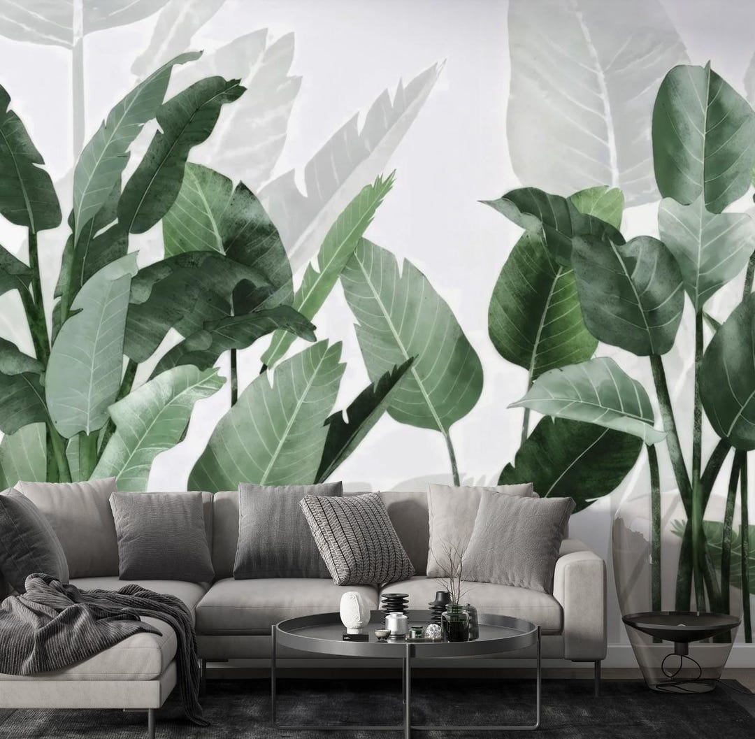 Tropical Green Leaf Wallpaper, Modern Botanical Peel and Stick Wall ...
