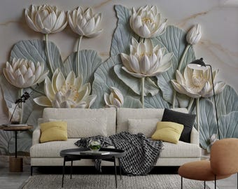 Bloemenbehang in 3D-look, bloemen met reliëflook verwijderbare muurschildering, zacht gekleurde boho-bloemen 3D-behang