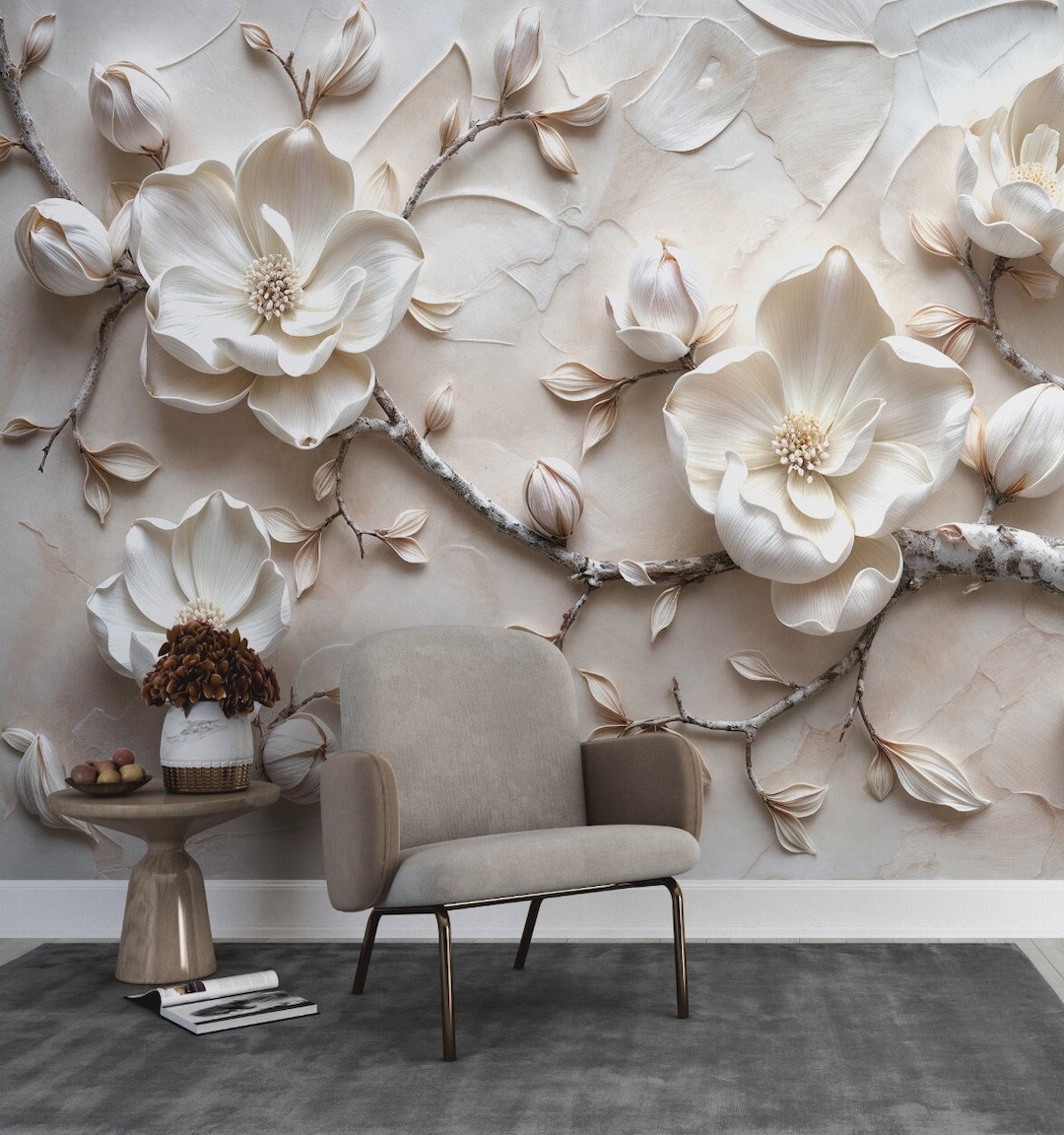 3D Look Magnolia Floral Wallpaper Mural | Elegant White Flowers Wall Art |  Textured Living Room Bedroom Decor | Custom Size Available - Etsy, image size:1080x1152