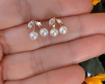 Pearl Cherry Bomb Earrings, Gold And Pearl Earrings, Stud Earrings, Push Back Earrings