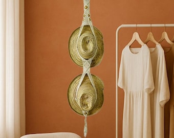 Makraméhatthylla, väggmonterad hatthängare, stråhatt, present till pappa, boho heminredning, hatthållare