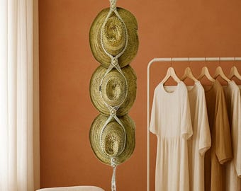 Makraméhatthylla, väggmonterad hatthängare, stråhatt, present till pappa, boho heminredning, hatthållare