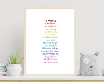 Kids Maori Language Affirmations for Children Bilingual Wall Art Print New Zealand Aotearoa Kiwiana Te Reo Māori for Tamariki tamaiti pepi