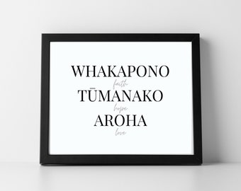 Faith Hope Love Whakapono Tumanako Aroha Te Reo Māori Wall Art Print Whakatauki Aotearoa New Zealand Kiwiana Māori language proverb waiata