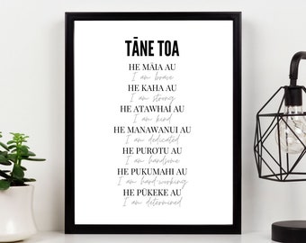 Tane Toa Print Wall Art Te Reo Māori Maori Language Aotearoa New Zealand Kiwiana Affirmations For Men Man