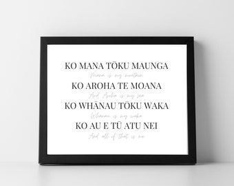 Pepeha Six60 Mana Maunga Aroha Moana Whanau Waka te reo Māori Wall print New Zealand Aotearoa Kiwiana Maori language Identity
