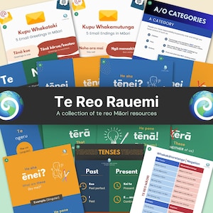 May include: A collection of colourful educational resources for learning the Maori language. The resources include cards with Maori words and phrases, as well as a chart explaining different verb tenses.