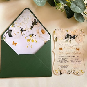 Green Quinceanera Acrylic Invitations, White roses Sweet 16, Gold Butterfly invitations with Flowers envelopes