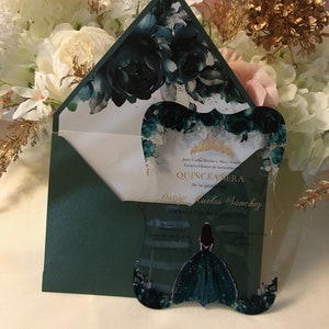 Emerald Green Acrylic Quinceanera Invitations, Enchanted Forest Green Sweet 16 with floral Green Envelope