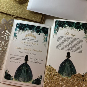 Emerald Green Quinceanera Invitations, Gold Glitter with envelopes