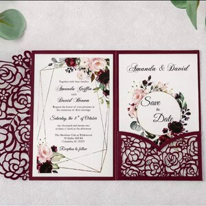 Burgundy Wedding Invitations - Quinceanera Invitations -Laser Cut Wedding Invitations with envelope - save the date card