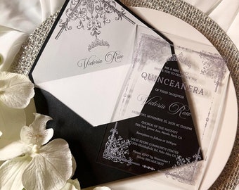 SilverBlack Quinceanera Invitations, Acrylic Sweet 16 Cards With Envelopes, Silver Corner