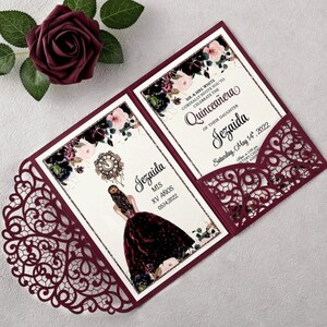 Burgundy Quinceanera, Sweet 16 invites with free envelopes image 7