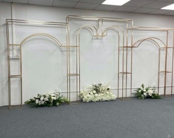 3 Pcs Shiny Gold Wedding Backdrops, 2 Curves Stands Arch Stage Event Party Props, Flower Frame Stands