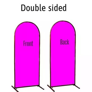 May include: Double-sided freestanding display stand with a pink fabric backdrop. The front side is labeled "Front" and the back side is labeled "Back".