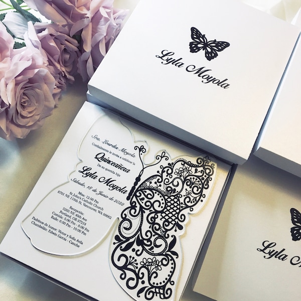 Butterfly Acrylic Invitations, Black, colors Quinceanera with Box, Sweet 16 invitations