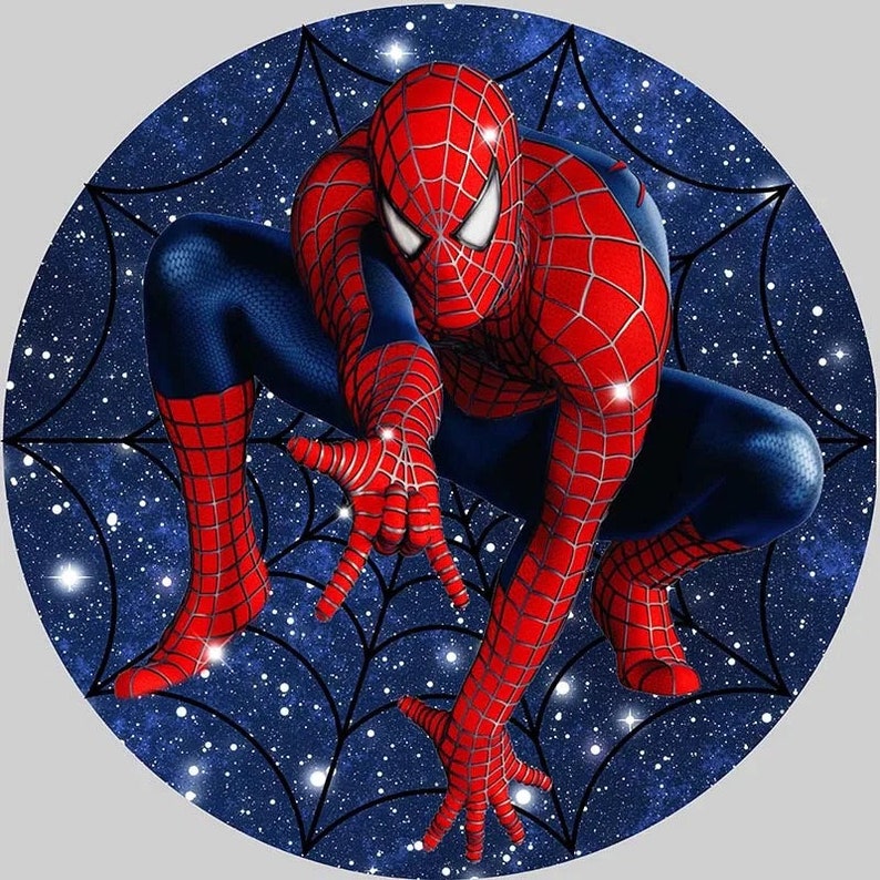 May include: A red and blue superhero, Spiderman, is crouched in a web-like pose against a dark blue background with white stars.