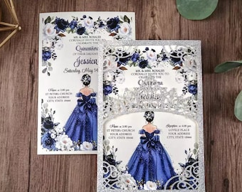 May include: A silver glitter laser cut invitation with a blue and white floral design. The invitation features a silhouette of a woman in a blue gown with a crown. The text on the invitation reads "MR. & MRS. ROSALES CORDIALLY INVITE YOU TO CELEBRATE THE QUINCEAÑERA OF THEIR DAUGHTER JESSICA Saturday, May 14".