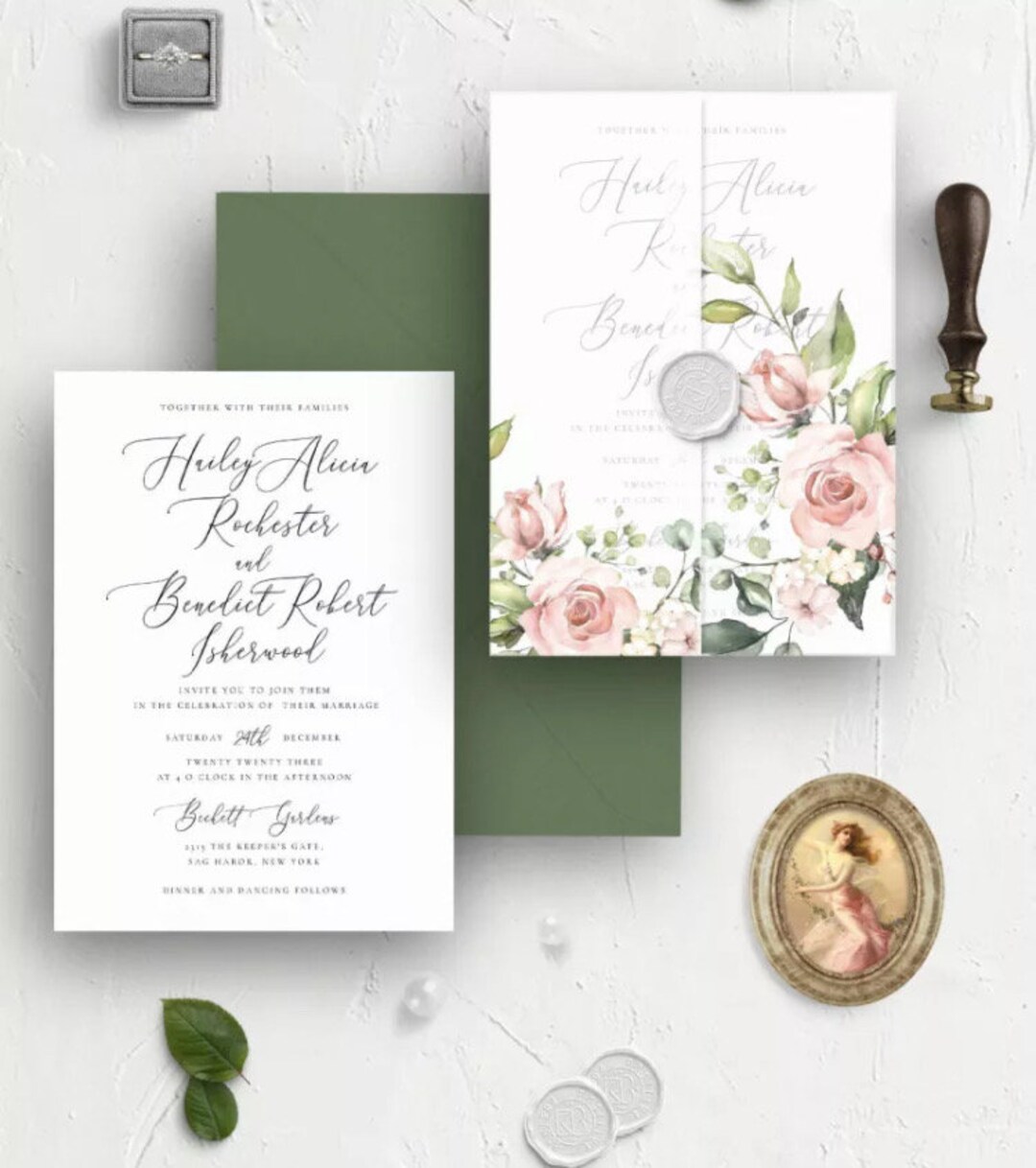 Pink Roses Floral Velum Invitation, Wedding, Green Quinceanera, With