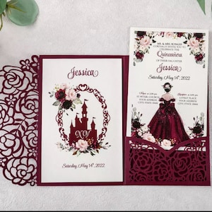 Burgundy Quinceanera Invitations - Sweet 16th- Laser Cut Wedding Invitations- with envelope
