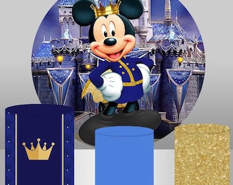 Mickey Mouse Round Backdrop Cover for Boy Birthday Decor Navy Blue
