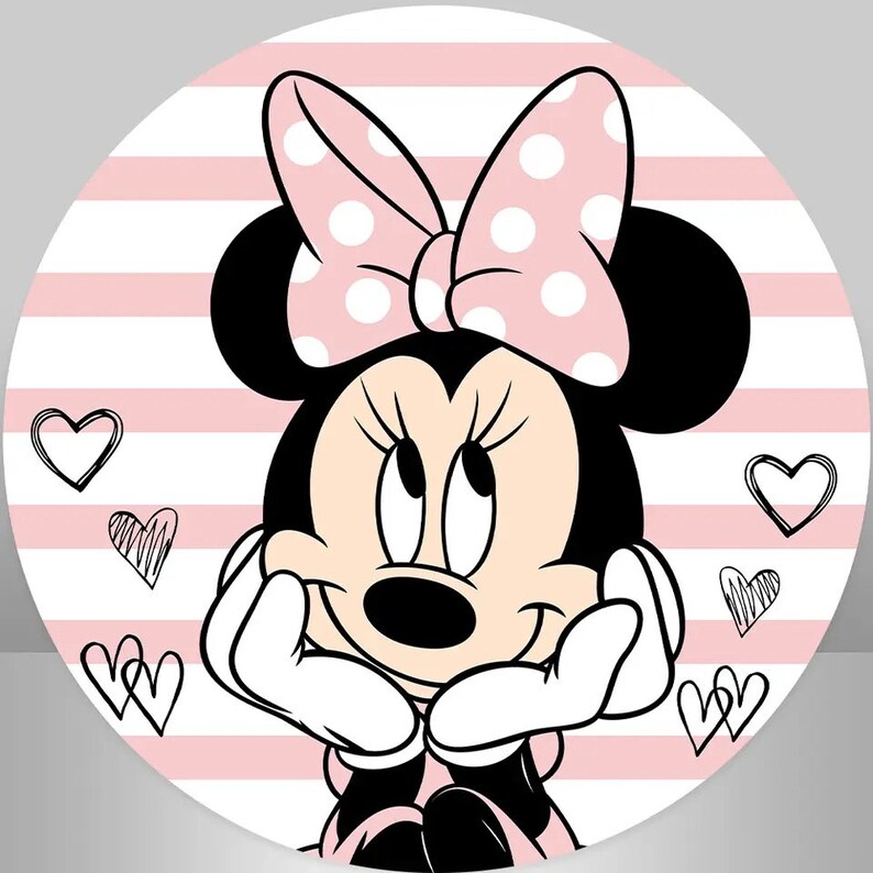 May include: A pink and white striped background with a cartoon image of Minnie Mouse. Minnie Mouse is wearing a pink bow with white polka dots and has a big smile. There are several small hearts drawn around Minnie Mouse.