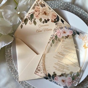 Quinceanera Acrylic Invitations, Blush Pink, Floral Gold Butterfly, Mis Quince, Sweet 16 with Envelopes