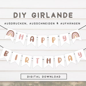 Regenbogen Partygirlande Happy Birthday für Kinder | PDF Vorlage Geburtstagsgirlande pastell als Download | Wimpel zum ausdrucken 301