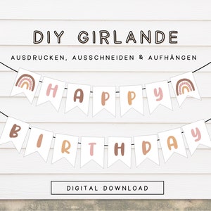 Regenbogen Partygirlande Happy Birthday für Kinder PDF Vorlage Geburtstagsgirlande pastell als Download Wimpel zum ausdrucken 301 image 1